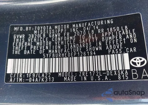 2014 Toyota Corolla S Premium из США, поврежденный, VIN 5YFBURHE0EP126194